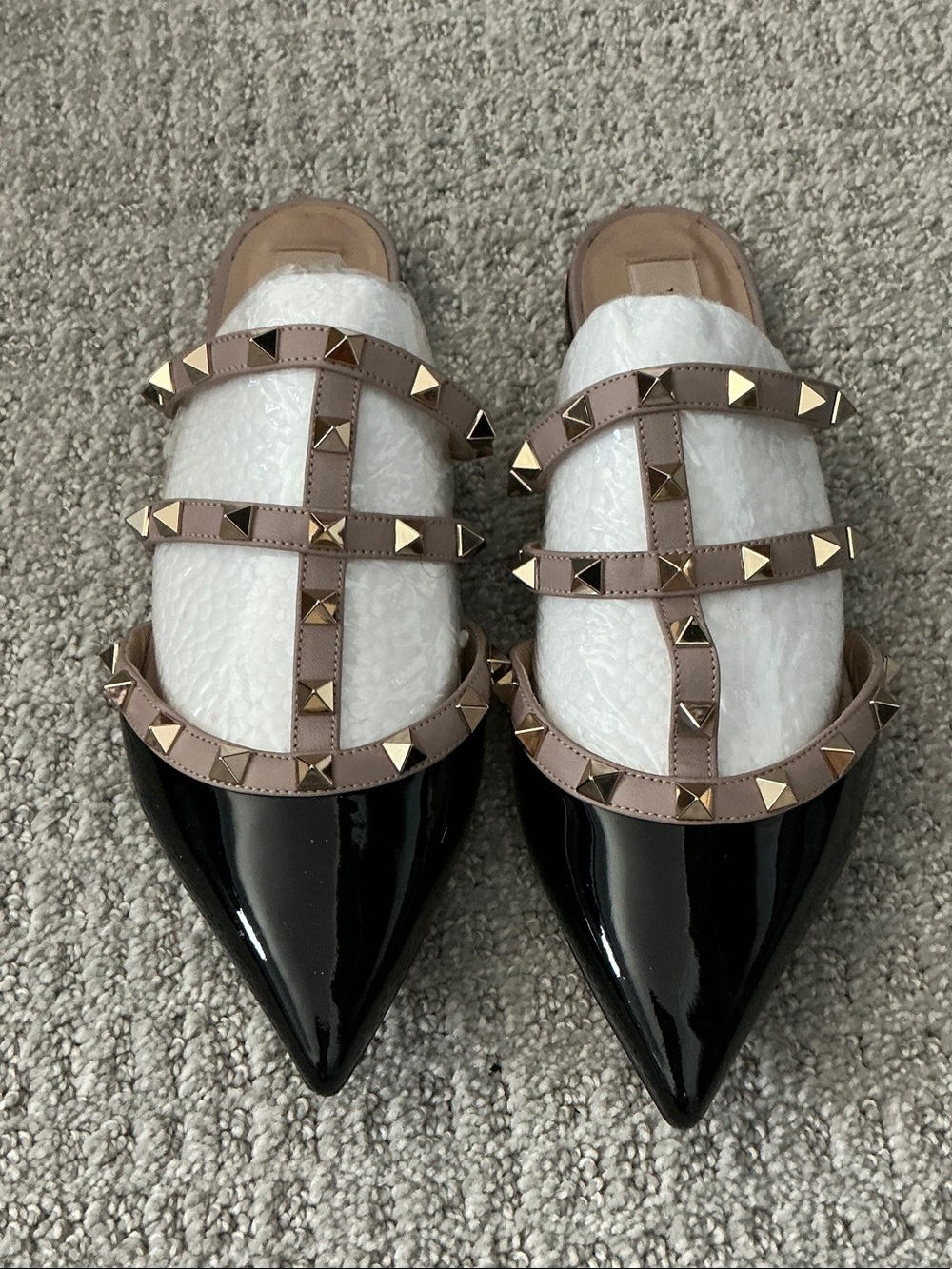 Valentino Garavani Black Patent Pointed Mules with Taupe Studded Straps